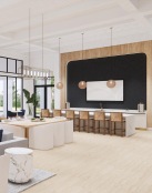 a large room with a fireplace